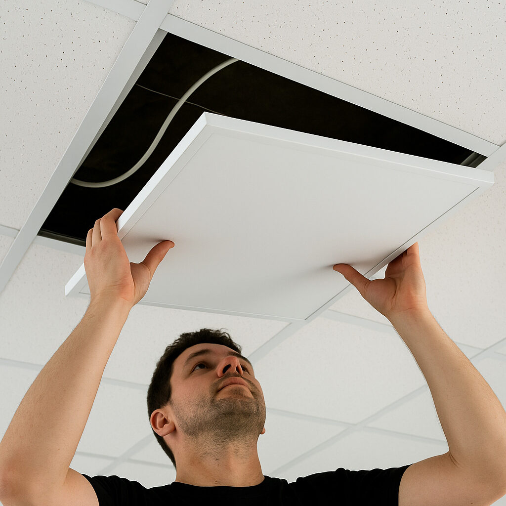 Monteur befestigt die Rasterdecke