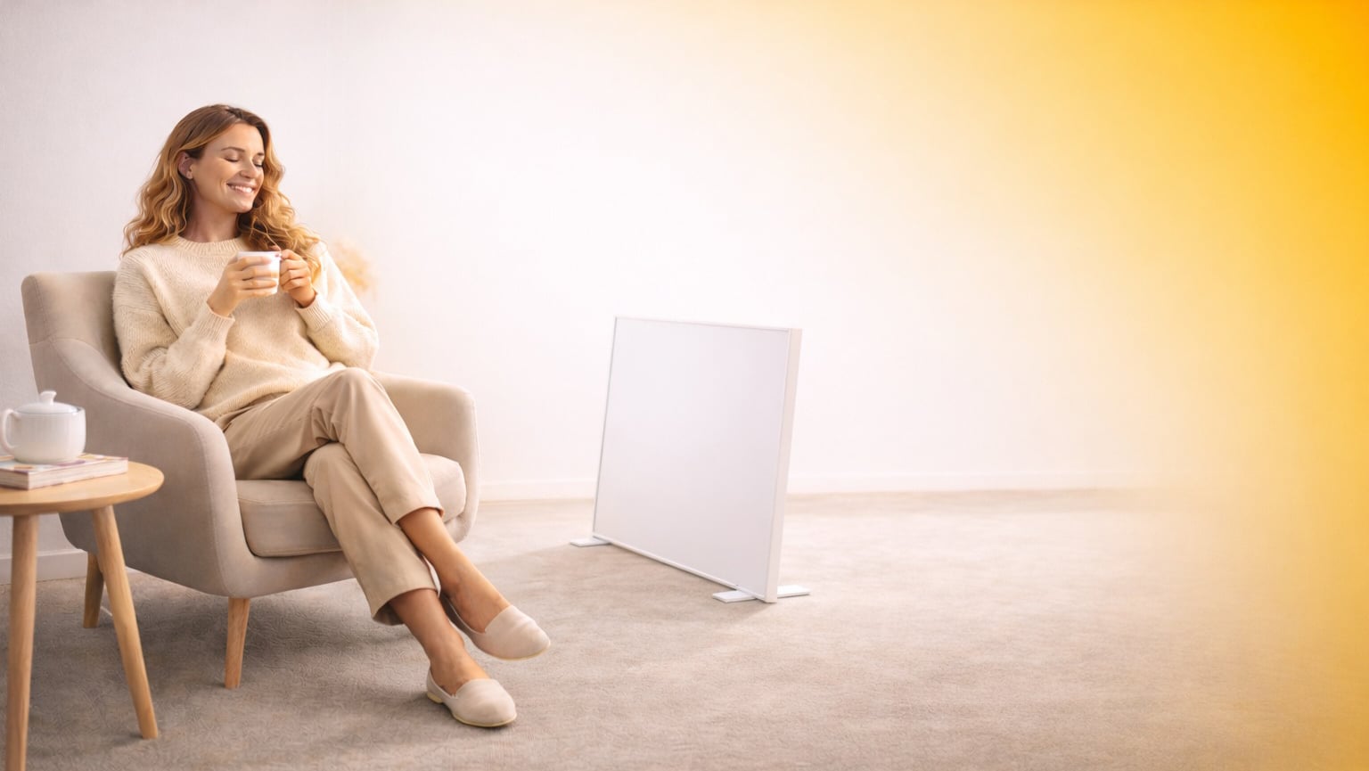 Frau mit Infrarot Zusatzheizung sitzt auf einem Sofa Frau mit Infrarot Zusatzheizung sitzt auf einem Sofa